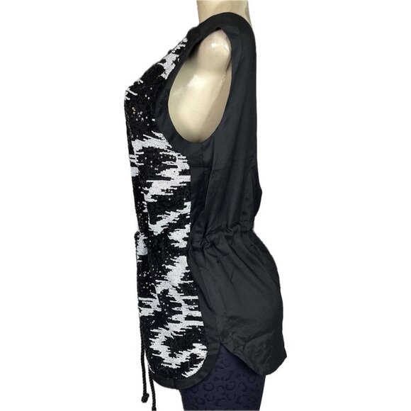 Hype L Black-White Sequin Lined Open Back Drawstring Cord Waist Sleeveless Top - Picture 5 of 6